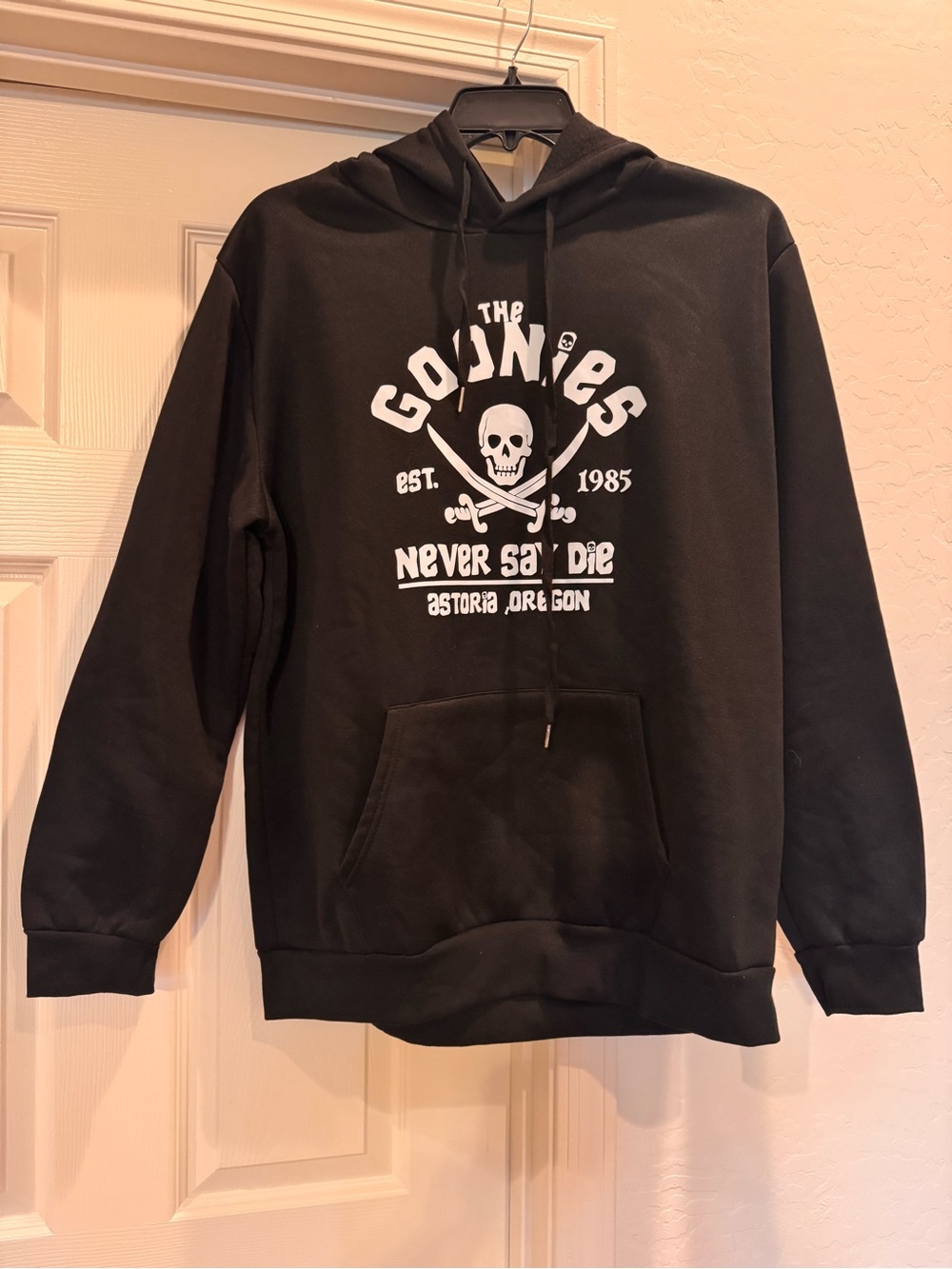 Unisex XL black graphic hoodie skull and crossbones design with The Goonies